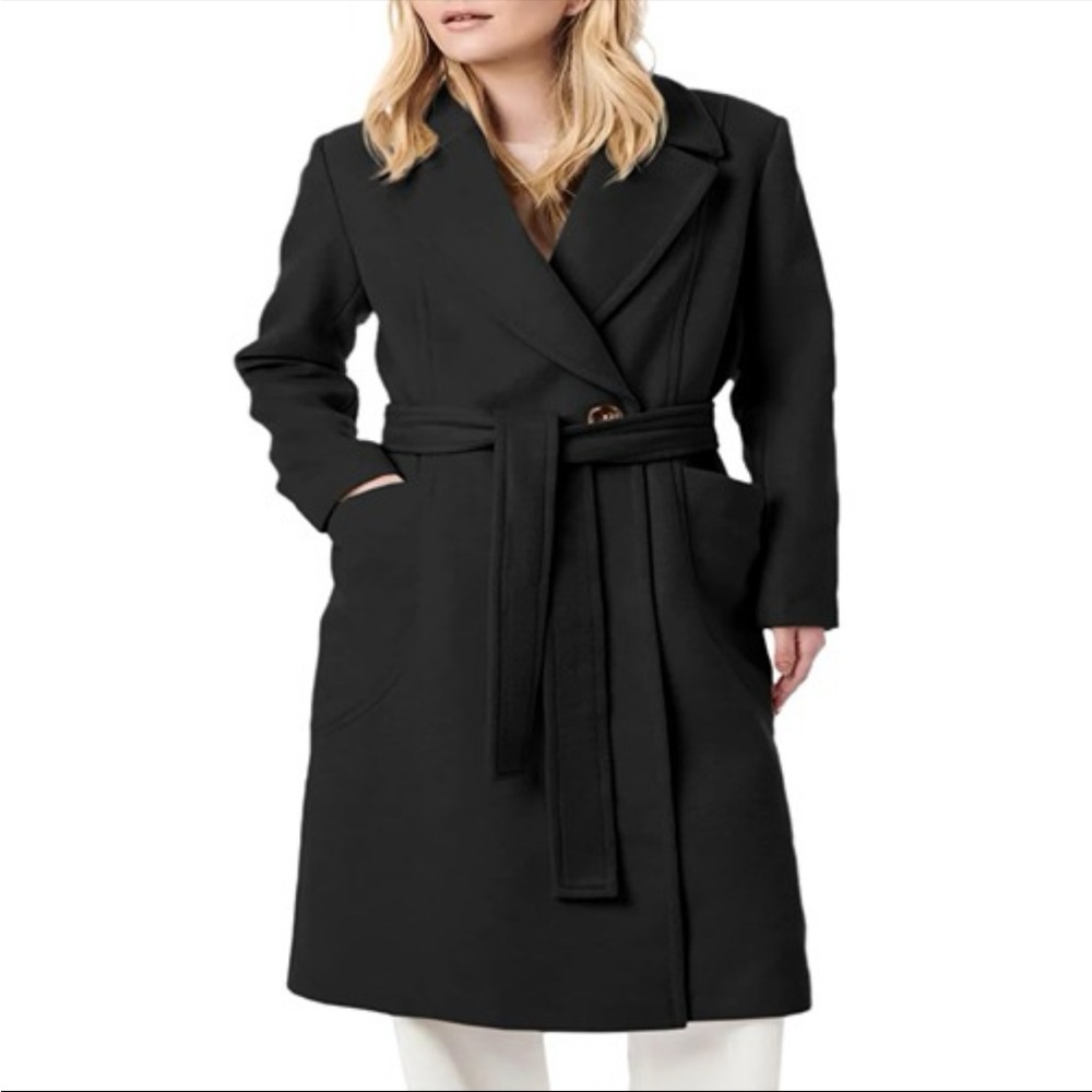NWT Womens Black Tie-Waist Long Coat